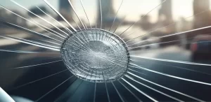 Close-up-view-of-a-car-windshield-with-a-small-circular-chip-resembling-a-spider-web-of-cracks.